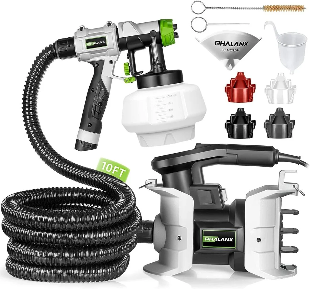 Paint Sprayer, PHALANX 700W HVLP Spray Gun, Paint Gun with 10FT Air Hose, 1200ML, 4 Nozzles, 3 Patterns, for Painting Home Interior  Exterior Walls, Ceiling, Fence, Cabinet