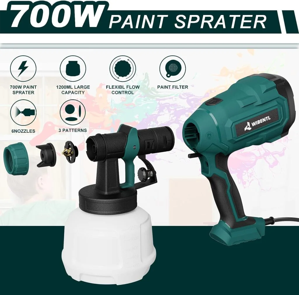 WIBENTL Paint Sprayer, 700W HVLP Electric Spray Paint Gun, with 6 Copper Nozzles  3 Patterns, Paint Sprayers for Home Interior and Exterior, Furniture, Fence, Walls, DIY Works, Ceiling WSG10A