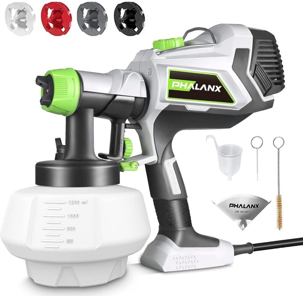 Electric Paint Sprayer, PHALANX 150Din-s HVLP Paint Sprayer Gun, 270W-700W Adjustable Paint Sprayer with 6.6FT Cord, 4 Nozzles, 3 Patterns, 1200ML, for House Painting, Home Interior and Exterior