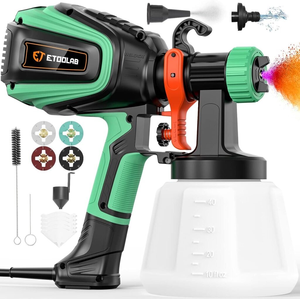 ETOOLAB Paint Sprayer 700W Powerful Ultrafine Atomization Paint Gun,Easy to Clean,4 Brass Nozzles,3 Patterns, 1200ml Paint Can,Latex Paint Available,Spray Gun for House Painting,Floor,Fence,Wall,DIY