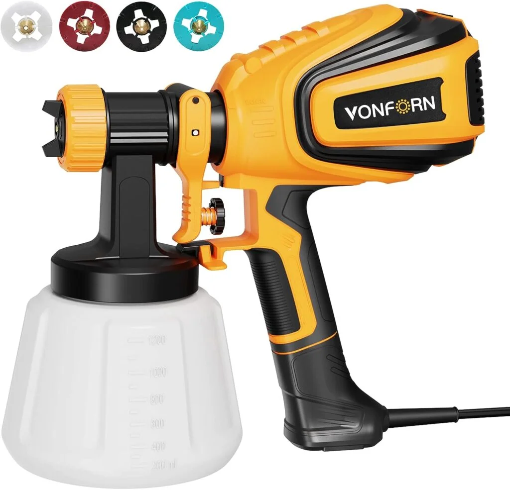 VONFORN Paint Sprayer, 700W HVLP Spray Gun with Cleaning  Blowing Joints, 4 Nozzles and 3 Patterns, Easy to Clean, for Furniture, Cabinets, Fence, Walls, Door, Garden Chairs etc. VF803
