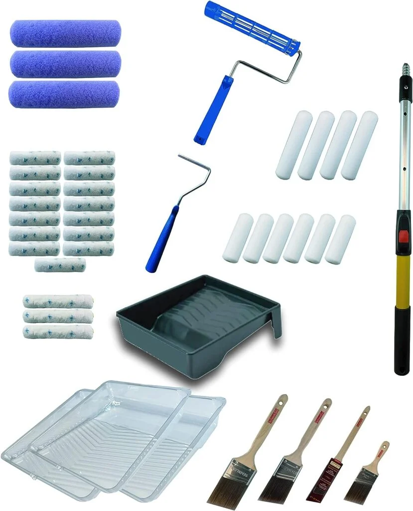 Painters Dream 42-Piece Painters Interior House Painting Tool Kit – Pro Contractor Set Incl 1’-2’ Telescoping Ext Pole, Angle Sash Brushes, No Slip Roller Frame, Roller Covers, Paint Tray and Liners