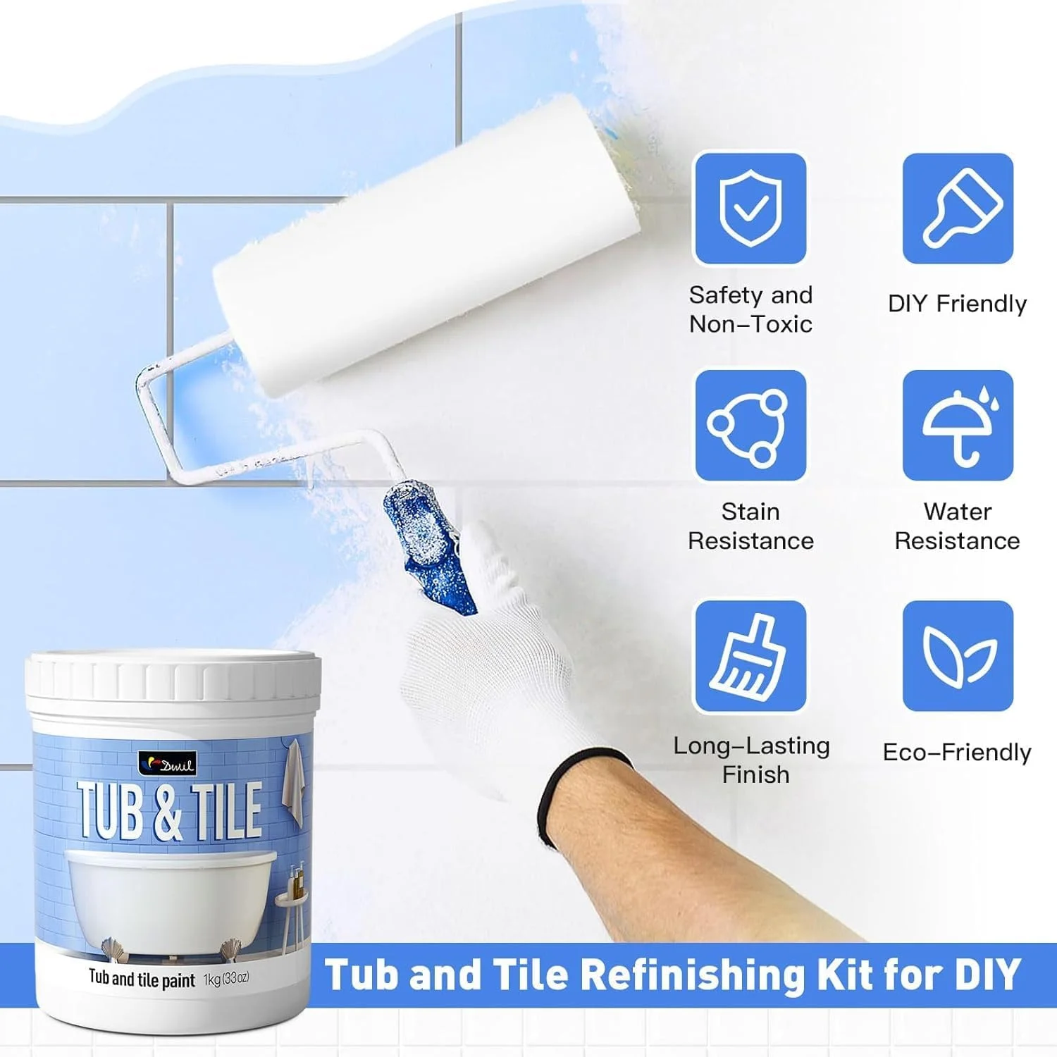 DWIL Tub Paint, Tub and Tile Refinishing Kit 35oz with Tools, Tub Refinishing Kit White Bathtub Paint Water Based Low Odor, Easy to Use Sink Paint for Bathroom Kitchen, Semi-Gloss White, 50-55sq.ft