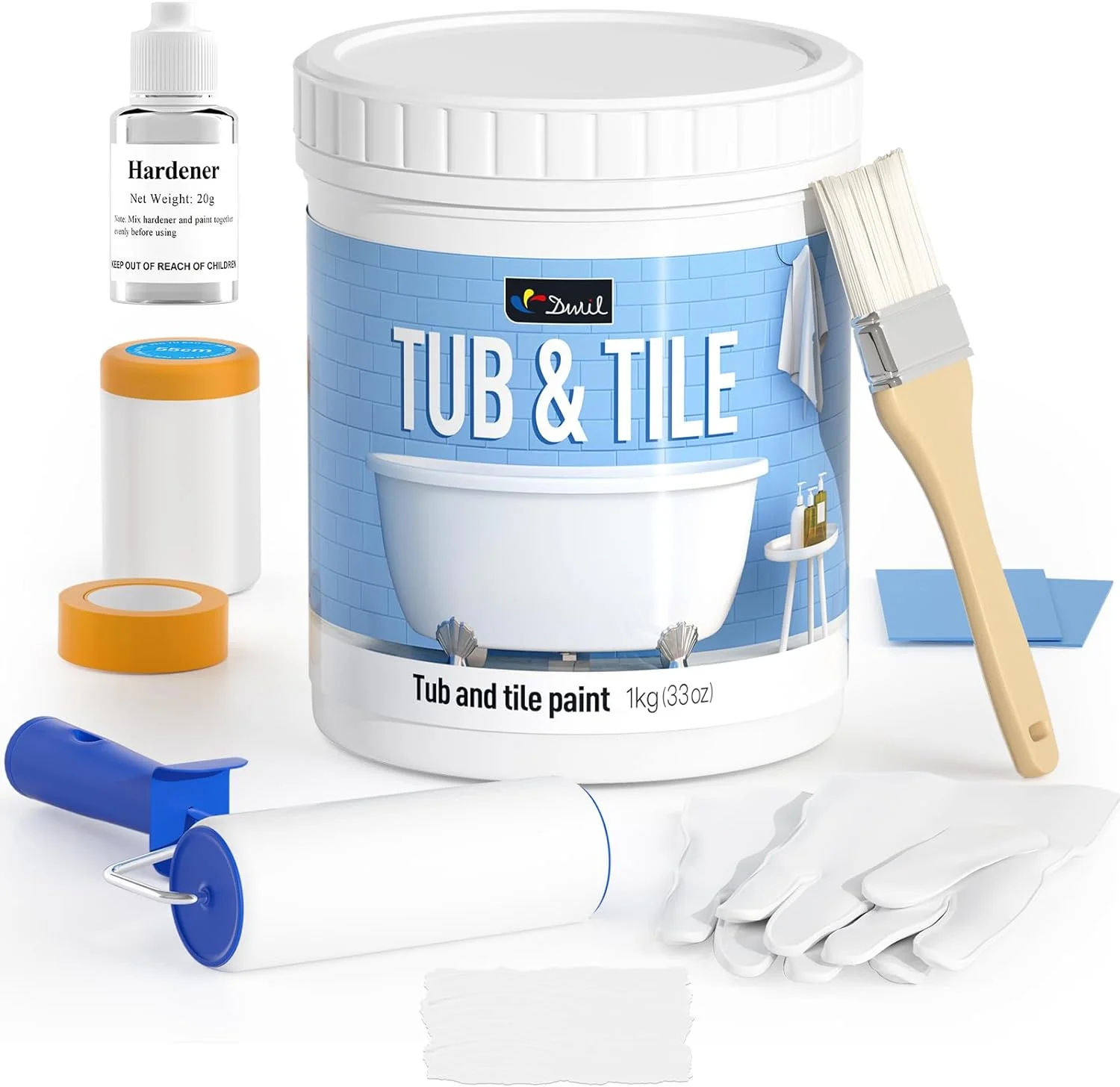 DWIL Tub Paint, Tub and Tile Refinishing Kit 35oz with Tools, Tub Refinishing Kit White Bathtub Paint Water Based Low Odor, Easy to Use Sink Paint for Bathroom Kitchen, Semi-Gloss White, 50-55sq.ft